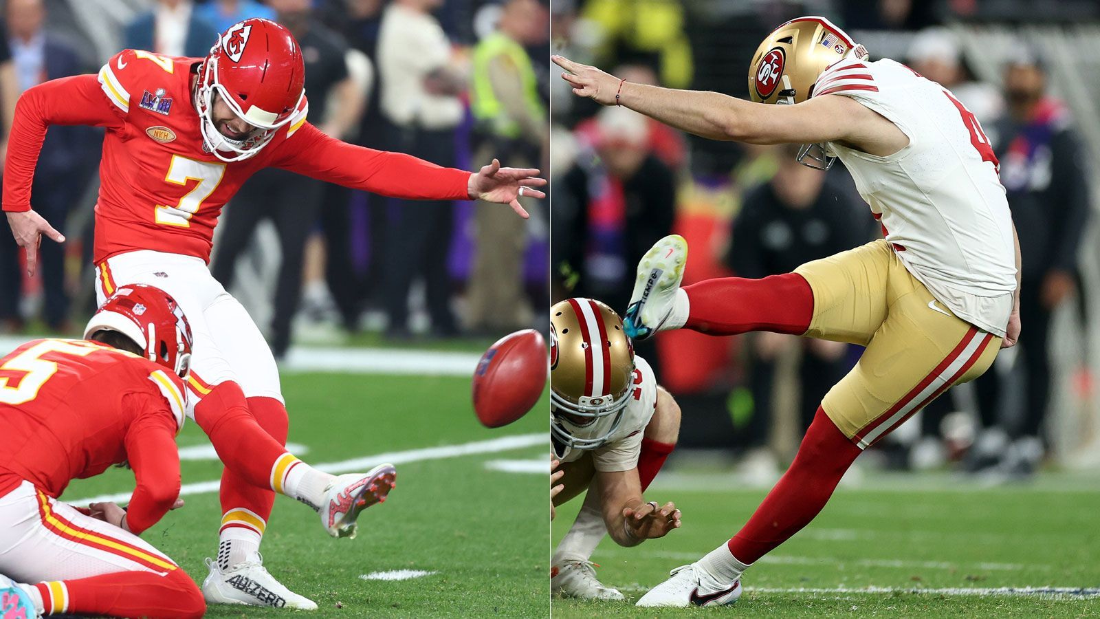 <strong>Gewinner: Harrison Butker und Jake Moody</strong><br>Verlass war auf die beiden Kicker. Harrison Butker (l.) traf für die Chiefs alle vier Field-Goal-Versuche, darunter einmal aus 57 Yards, Jake Moody für die 49ers alle drei, darunter aus 55 Yards. Ihnen gelangen mehrere Super-Bowl-Rekorde. Nur der geblockte PAT von Moody trübte das Gesamtbild etwas.