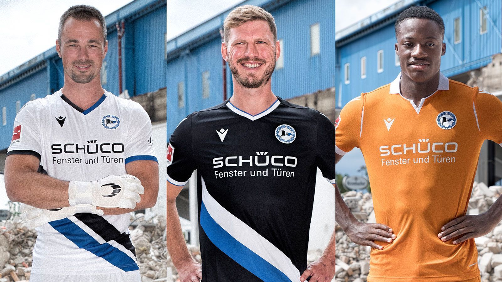 
                <strong>Arminia Bielefeld Heim-, Auswärts- und 3. Trikot 2020/21</strong><br>
                Zum ersten Mal in ihrer Vereinsgeschichte werden die Ostwestfalen ihre Heimspiele in einem schwarzen Trikot bestreiten, das durch eine blau-weiße Schärpe ergänzt wird und an die Gründungszeit des Vereins vor 115 Jahren erinnern soll. Für seine Auswärtsspiele wird der Aufsteiger auf ein weißes Trikot mit einer blau-schwarzen Schärpe zurückgreifen, alternativ steht der Arminia noch ein orangenes Trikot zur Verfügung. 
              