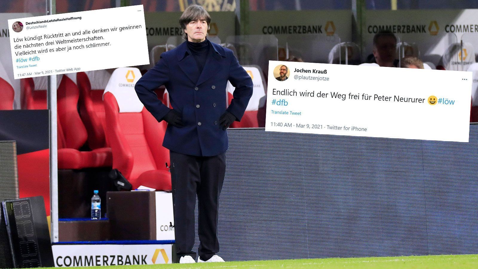 
                <strong>Joachim Löw kündigt Rücktritt an - so reagiert das Netz</strong><br>
                Bundestrainer Joachim Löw wird nach der anstehenden Europameisterschaft von seinem Amt als Bundestrainer zurücktreten, wie der DFB offiziell verkündete. Die Meldung sorgte natürlich für einen großen Aufschrei im Netz, die meisten Twitter-User stimmt diese Nachricht positiv. ran.de hat in der Galerie einige Reaktionen abgebildet.
              