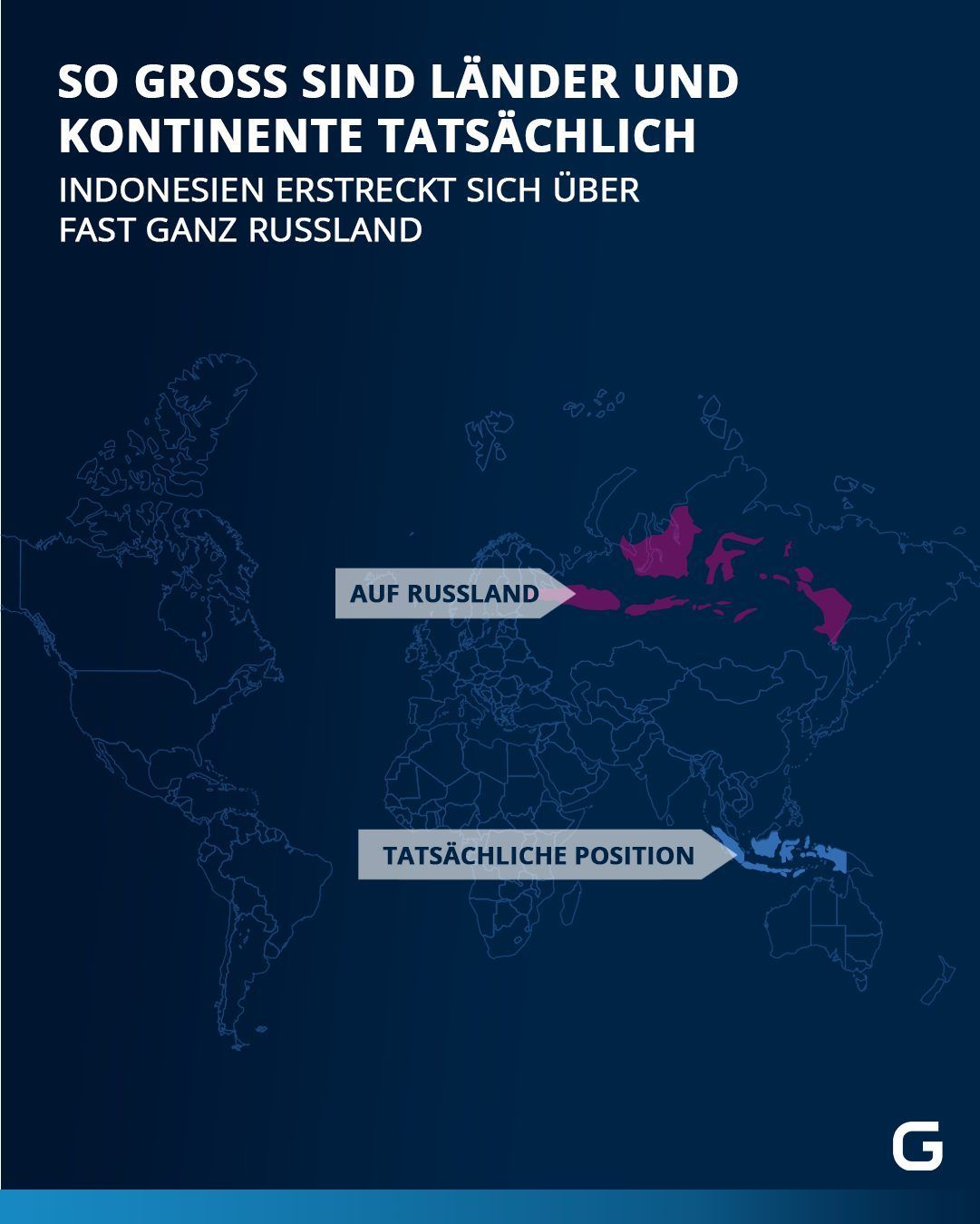 Tatsächliche Größe von Ländern und Kontinenten -  Das Touristenparadies Indonesien erstreckt sich über ganz Russland, wenn es auf der gleichen Position läge. 