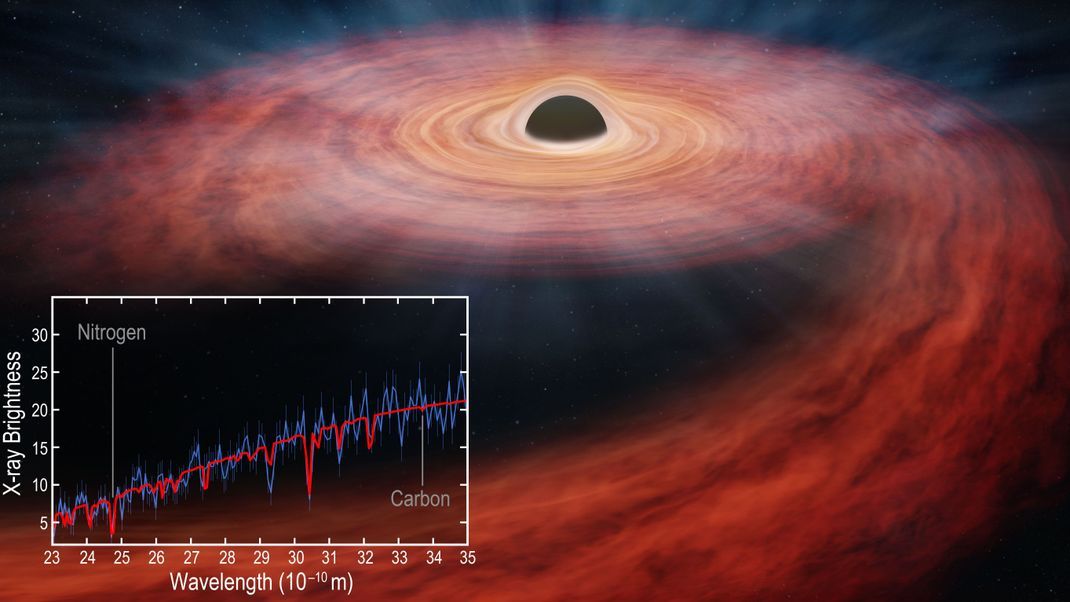 Illustration eines Schwarzen Lochs, das einen massereichen Stern mit seinen enormen Gezeitenkräften zerreißt.