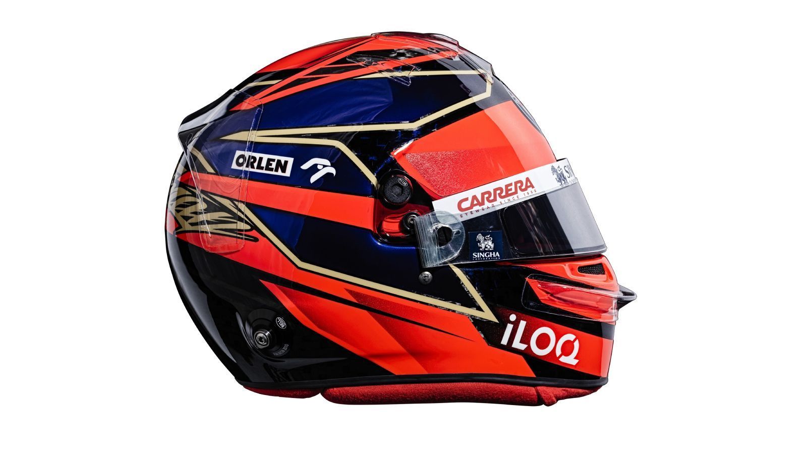 
                <strong>Kimi Räikkönen (Alfa Romeo)</strong><br>
                Der Helm von Teamkollege Kimi Räikkönen ist in mehrfarbigen Streifen, hauptsächlich orange, aber auch dunkelblau und schwarz. Abgerundet wird das Design durch einen goldenen Streifen und das goldene Autogramm des "Iceman".
              