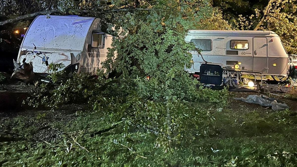 Bäume liegen nach einem Unwetter auf Campingwagen auf einem Campingplatz.