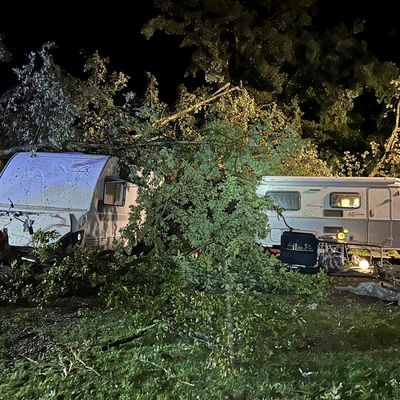 Bäume liegen nach einem Unwetter auf Campingwagen auf einem Campingplatz.