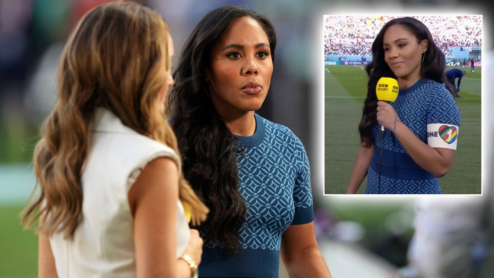 
                <strong>Alex Scott (BBC-Reporterin)</strong><br>
                Die "BBC"-Reporterin Alex Scott trug beim Spiel der englischen Nationalmannschaft gegen den Iran die "One Love"-Kapitänsbinde am linken Oberarm.
              