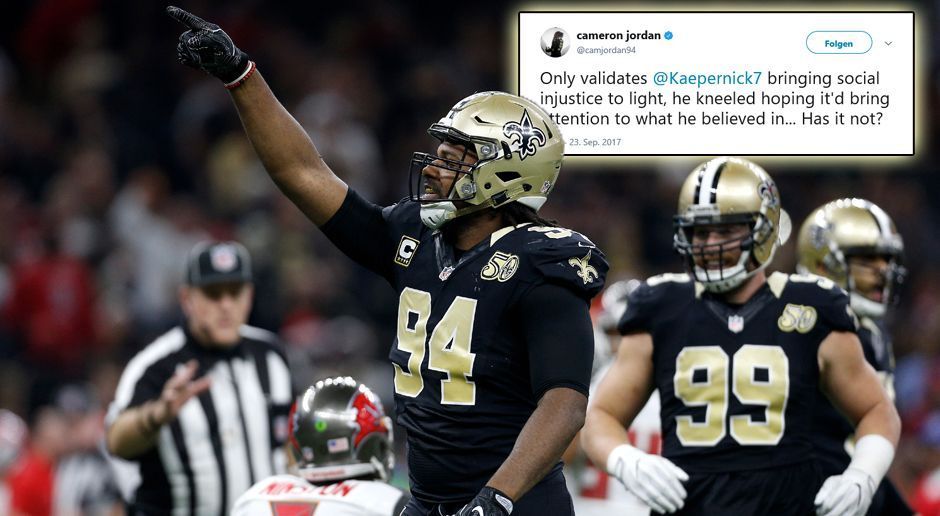 
                <strong>Cameron Jordan</strong><br>
                Für Cameron Jordan zeigt Trumps Aussage nur, dass Colin Kaepernick, der den Hymnen-Protest gestartet hatte, tatsächlich soziale Ungerechtigkeit ans Licht bringt. Für ihn ist es eine Bestätigung, dass die Aktion Aufmerksamkeit bekommt.
              