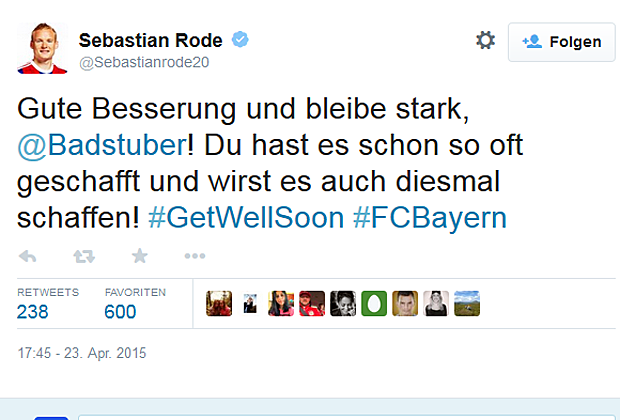 
                <strong>Wieder verletzt! Aufmunternde Worte für Holger Badstuber</strong><br>
                Die Teamkollegen von Badstuber äußern sich tief betroffen - auch Sebastian Rode drückt sein Mitgefühl aus und glaubt fest an ein Comeback des Nationalspielers.
              