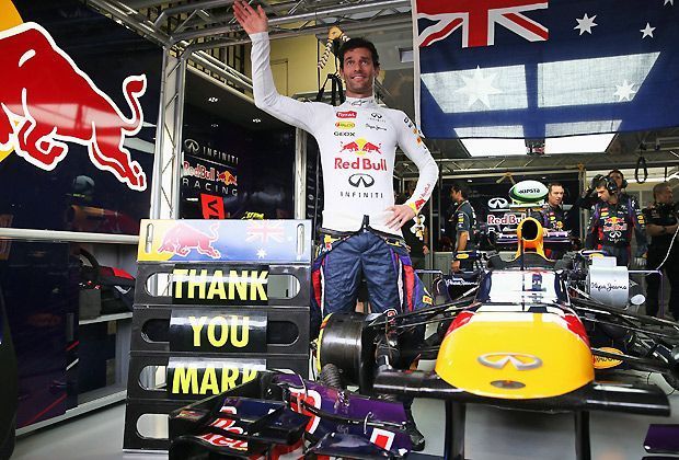 
                <strong>"Goodbye Mark!"</strong><br>
                Winken zum Abschied: In Brasilien steigt Sebastian Vettels Teamkollege Mark Webber zum allerletzten Mal in seinen Red-Bull-Rennwagen
              