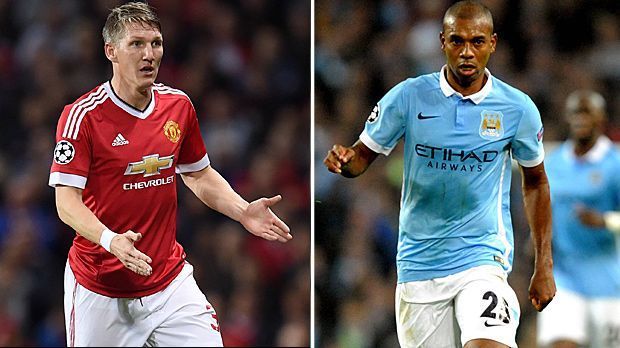 
                <strong>Rechter defensiver Mittelfeldspieler: Bastian Schweinsteiger vs. Fernandinho</strong><br>
                Rechter defensiver Mittelfeldspieler: Bastian Schweinsteiger vs. Fernandinho. Der langjährige Bayern-Star (li.) hat seine Rolle bei United noch nicht gefunden - vor allem das Tempo in der Premier League bereitet ihm Probleme. Dagegen steht Fernandinho. Der robuste Brasilianer ist aus der City-Elf nicht wegzudenken und setzt sich in diesem Duell durch - 3:3.
              