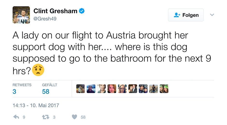 
                <strong>Clint Gresham auf Deutschlandtour</strong><br>
                Greshams größte Sorge auf dem Flug nach Österreich: Hundekot. Der Long Snapper postete noch vor dem Start seine Sorgen aus dem Flugzeug: "Eine Frau hat auf unseren Flug nach Österreich ihren Service-Hund mitgebracht. Wo soll dieser Hund in den nächsten neun Stunden auf die Toilette gehen?"
              