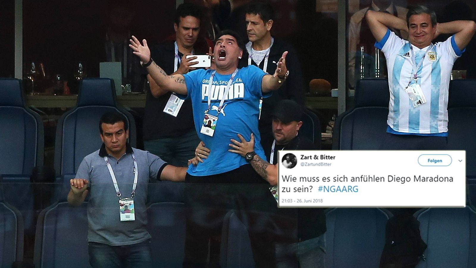 
                <strong>Maradona geht auf der Tribüne steil</strong><br>
                Gute Frage von @Zartundbitter. Wir fragen uns auch, was denkt sich wohl grad der Mann rechts im Bild, der so schön die Arme hinter dem Kopf verschränkt???
              