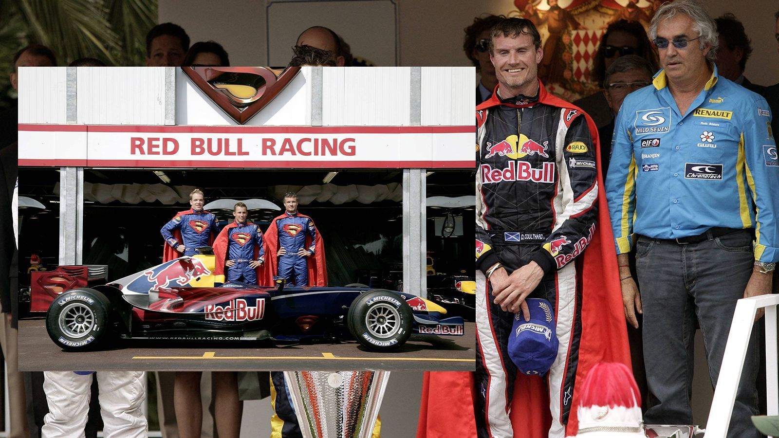 
                <strong>2006: Coulthard als Superman auf der Siegerehrung</strong><br>
                Coulthard sorgte 2006 für einen echten Hingucker. Nachdem der Brite 2005 zum neuen Rennstall Red Bull Racing wechselte, sorgte er 2006 in Monaco für das erste Treppchen seines Teams. Das Wochenende stand bei Red Bull ohnehin im Zeichen des Superhelden, da der Rennstall Werbung für den neuen Superman-Film machte. Nach seinem dritten Platz fragte die Rennfahrer-Ikone den monegassischen Prinzen Albert, ob er in einem Superman-Umhang zur Siegerehrung erscheinen darf und bekam die Erlaubnis. Das war tatsächlich beste Werbung.
              