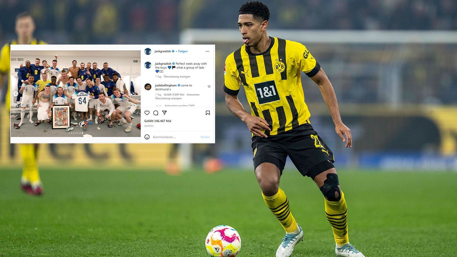 
                <strong>Jude Bellingham lockt City-Star Grealish zu Borussia Dortmund</strong><br>
                Jude Bellingham von Borussia Dortmund will Jack Grealish, Teamkollege bei der englischen Nationalmannschaft, nach Dortmund locken - und sorgte mit seinem Kommentar für Wirbel. Unter einen Post von Grealish schrieb der BVB-Star: "Komm nach Dortmund x". Grealish, der in der Premier League bei Manchester City kickt, hatte eine Reihe von Fotos von der Nationalmannschaft hochgeladen und geschrieben: "Perfekte Woche mit den Jungs. Was für eine Gruppe von Burschen". Der Kommentar des 19-jährigen Bellingham, der von internationalen Topklubs umworben wird und den Verein im Sommer wohl verlassen wird, dürfte den BVB-Fans wohl gefallen haben. 
              