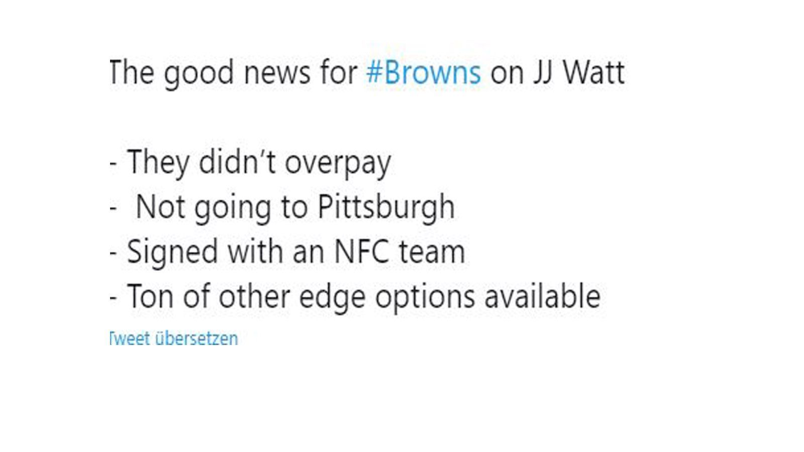 
                <strong>Die Netzreaktionen zum Watt-Hammer</strong><br>
                Dieser Browns-Fan sieht das Positive an der Absage von Watt an die Browns.
              