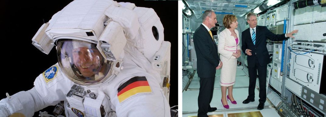 Thomas Reiter als Astronaut beim Weltraumspaziergang und später als ESA-Direktor für Astronautik. Man muss ihn vermutlich nicht fragen, welchen Job er besser fand.