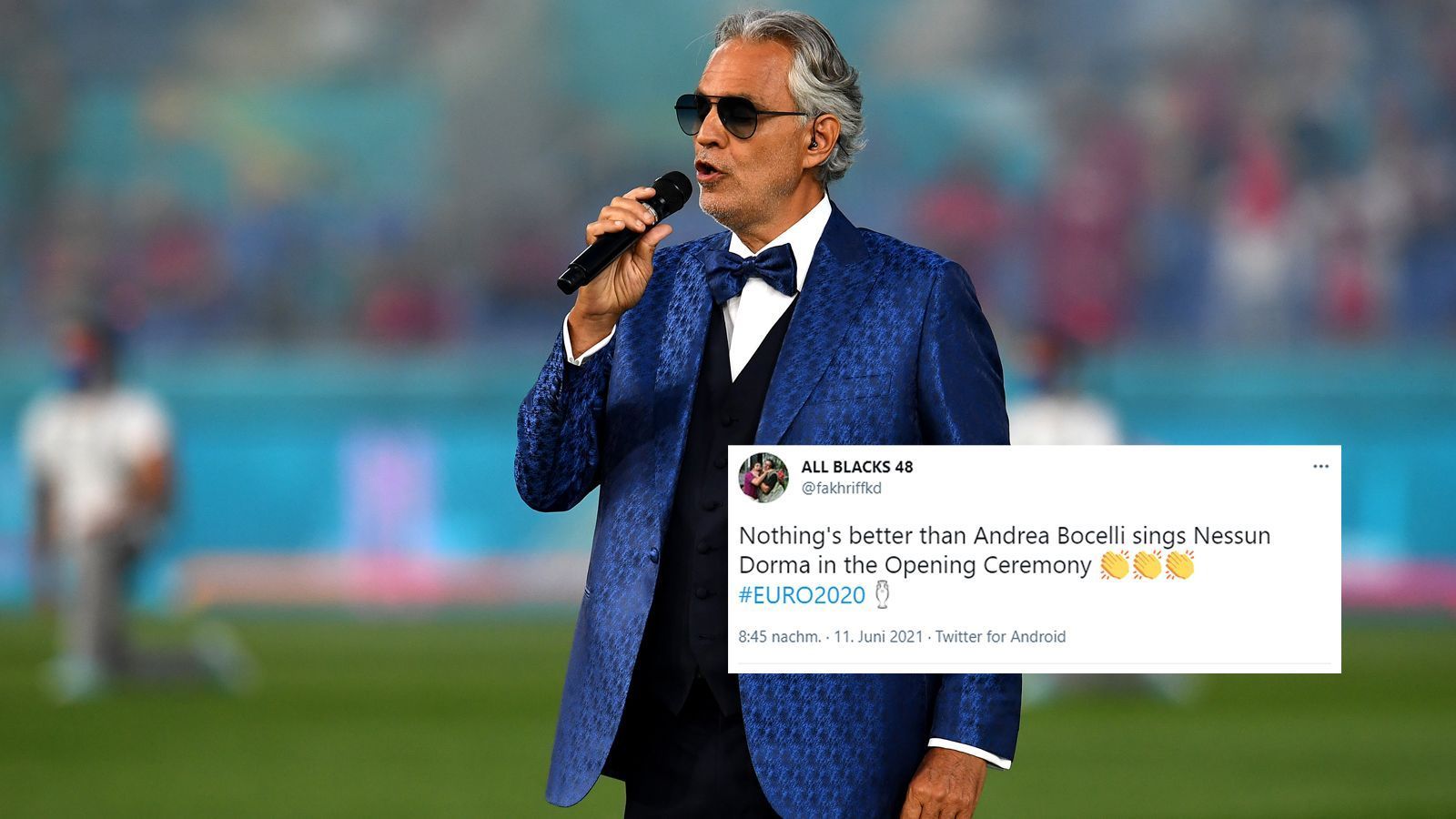 
                <strong>Netzreaktionen zur EM-Eröffnungsfeier</strong><br>
                Für eines der musikalischen Highlights sorgte der italienische Opernsänger Andrea Bocelli, der bereits als Kind erblindete. Mit Nessun Dorma bereitete er den rund 16.000 Zuschauern im Stadio Olimpico Gänsehaut.  
              