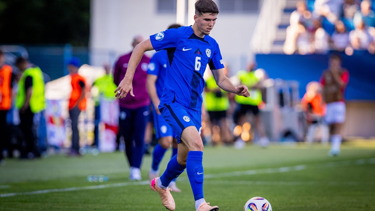 ENGLAND U21, U 21 - SLOVENIA U21 Zan Jevsenak of Slovenia during the UEFA European Under-21 Championship 2025 Group B football match between England U21 and Slovenia U21. Stadium Nitra Arena, Nitra...
