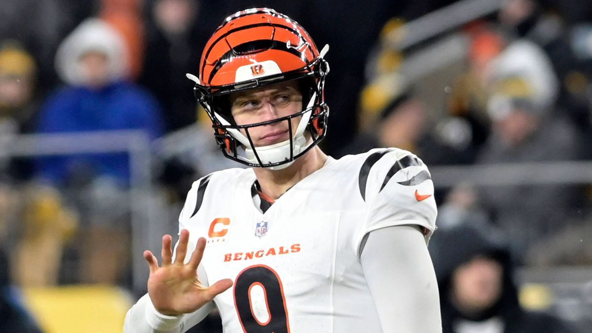 Cincinnati Bengals quarterback Joe Burrow (9) pauses and calls a timeout during the fourth quarter of the 19-17 win against the Pittsburgh Steelers at Acrisure Stadium on on Saturday, January 4, 20...