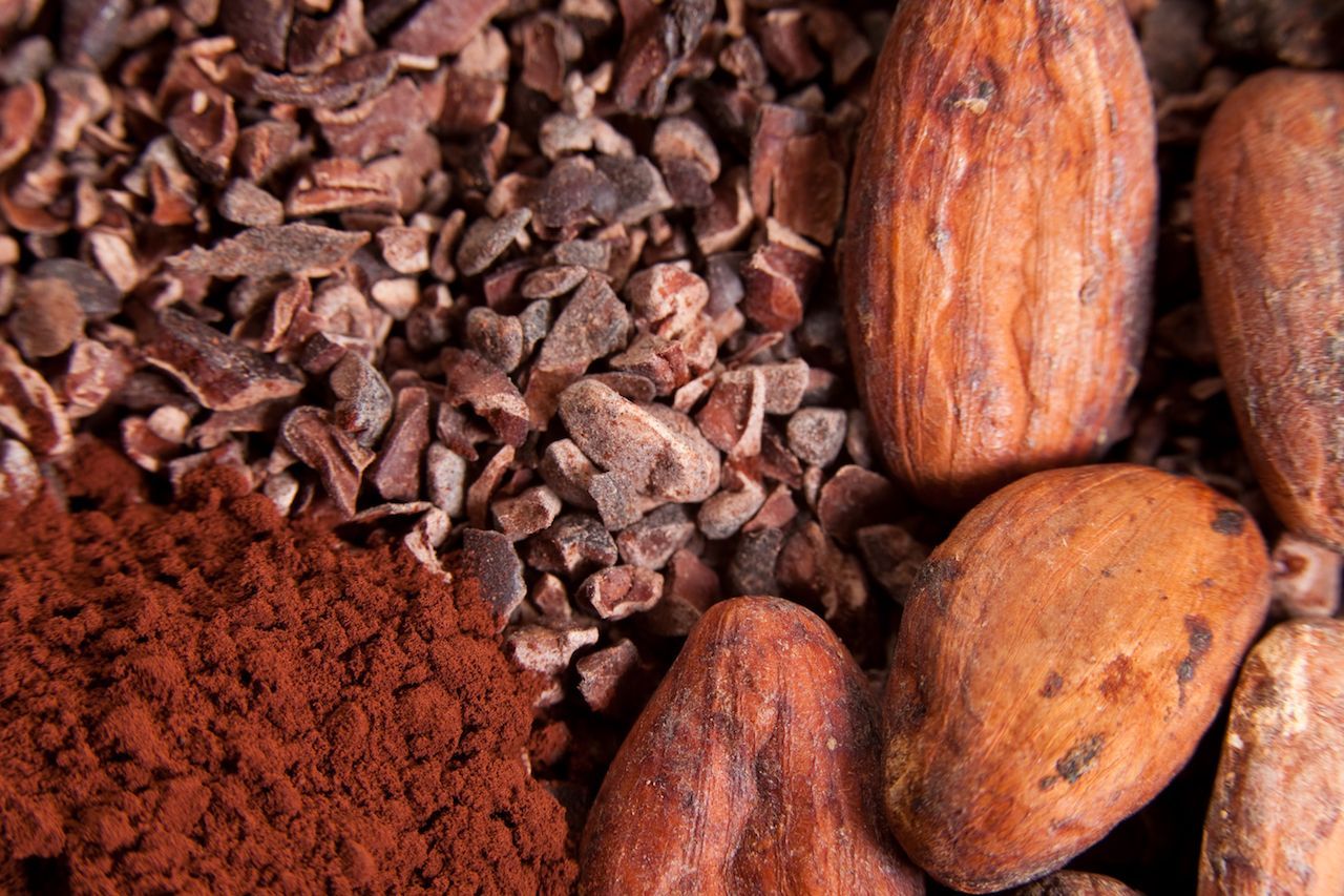 Die Bohnen werden maschinell zerkleinert und per Windzufuhr von den Schalen befreit. Übrig bleiben Kakao-Nibs, aus denen Kakaobutter gewonnen werden kann.