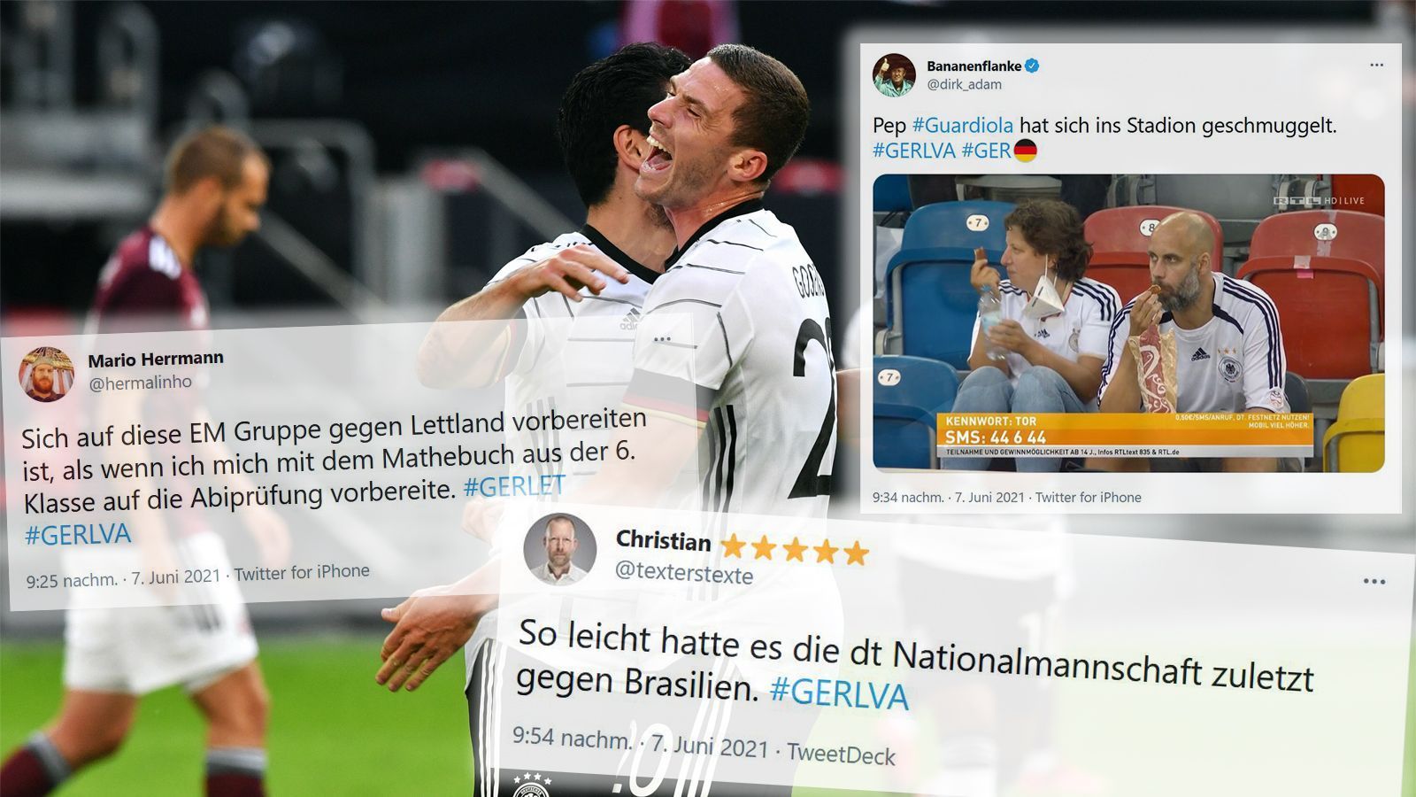 
                <strong>Die Netzreaktionen zum DFB-Schützenfest</strong><br>
                Die deutsche Nationalmannschaft hat sich vor dem Start in die Europameisterschaft in Torlaune präsentiert. Das 7:1-Schützenfest gegen chancenlose Letten fand auch im Netz anklang. ran zeigt die besten Reaktionen.
              