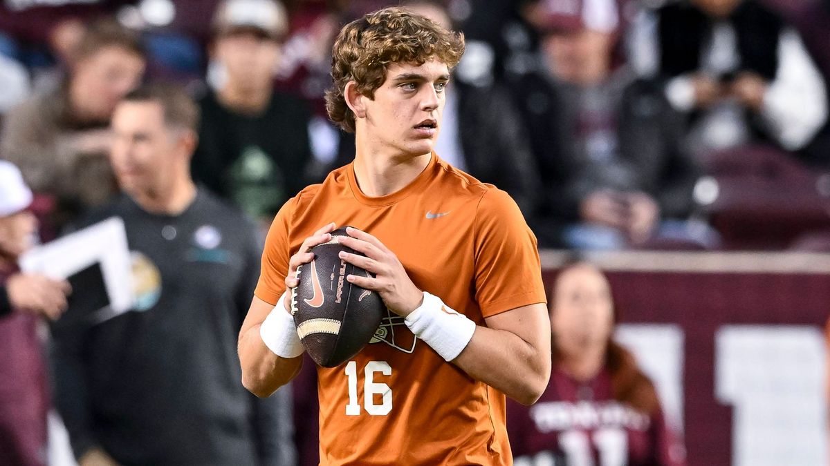 NCAA, College League, USA Football: Texas at Texas A&M Nov 30, 2024; College Station, Texas, USA; Texas Longhorns quarterback Arch Manning warms up prior to the game against the Texas A&M Aggies. T...