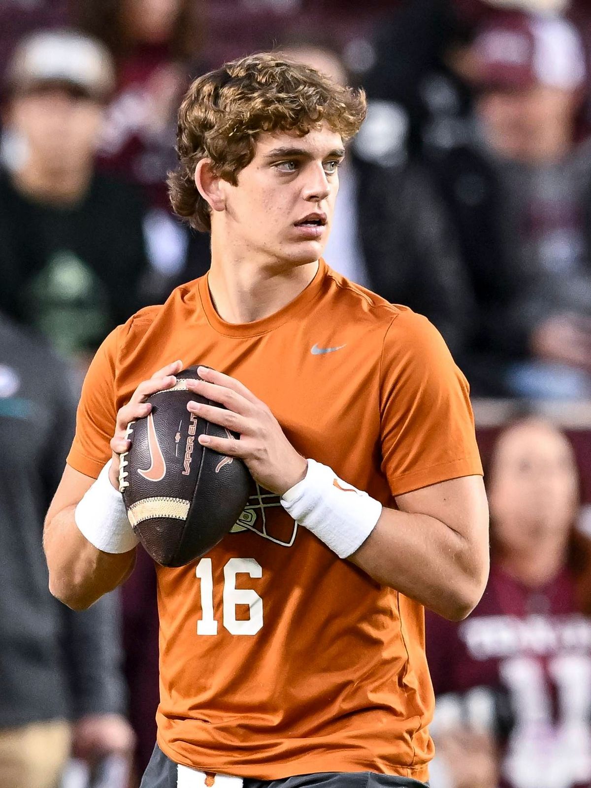 NCAA, College League, USA Football: Texas at Texas A&M Nov 30, 2024; College Station, Texas, USA; Texas Longhorns quarterback Arch Manning warms up prior to the game against the Texas A&M Aggies. T...