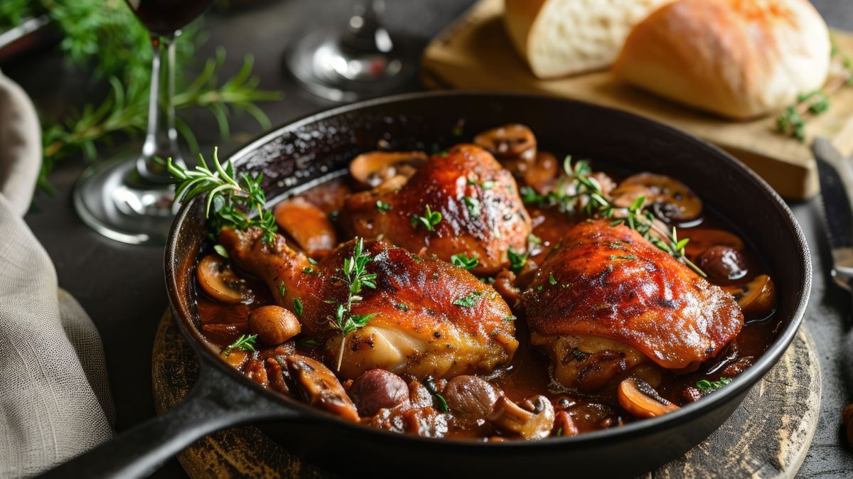 Coq au Vin ist ein klassisches französisches Gericht, bei dem Hühnchen langsam in Rotwein, zusammen mit Knoblauch, Zwiebeln, Speck und Kräutern geschmort wird. 
