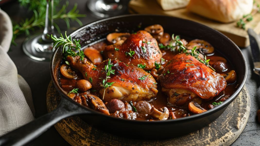 Coq au Vin ist ein klassisches französisches Gericht, bei dem Hühnchen langsam in Rotwein geschmort wird.