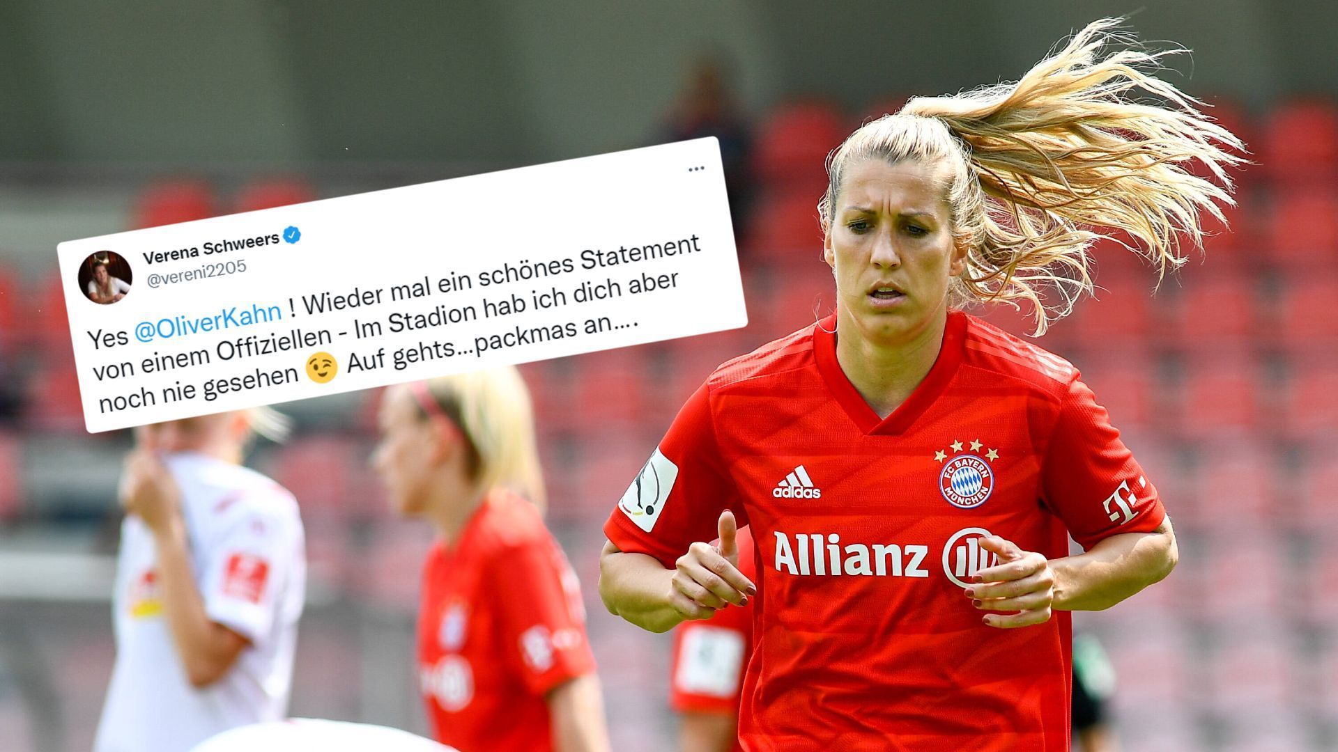 
                <strong>Ex-Bayern-Spielerin Verena Schweers stichelt gegen Oliver Kahn </strong><br>
                Im Achtelfinale der UEFA Women's Champions League tragen die Fußballerinnen des FC Bayern ihr Heimspiel gegen Paris Saint-Germain zum ersten Mal in der Allianz Arena aus. Dazu gratulierte ihnen auch Bayerns Vorstandsvorsitzender Oliver Kahn per Twitter. Dabei musste er auf der Social-Media-Plattform auch eine Spitze einstecken. Zwar bedankte sich die ehemalige Bayern-Spielerin Verena Schweers, die von 2016 bis 2020 in München kickte, bei Kahn, konnte sich einen kleinen Seitenhieb jedoch nicht verkneifen: "Wieder mal ein schönes Statement von einem Offiziellen - im Stadion hab ich dich aber noch nie gesehen ... ." Entsteht nun aus dem kleinen Affront, der mit einem Zwinker-Smiley versehen wurde, eine größere Geschichte? Bei den Bayern-Offiziellen soll der Tweet laut Informationen der "Bild"-Zeitung nicht gerade gut angekommen sein.
              