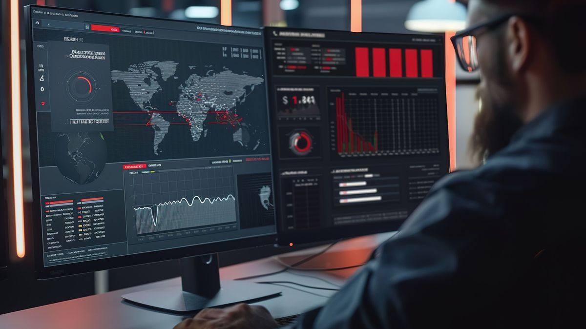 IT specialist monitoring a network on a screen with the CrowdStrike dashboard, highlighting real-time protection