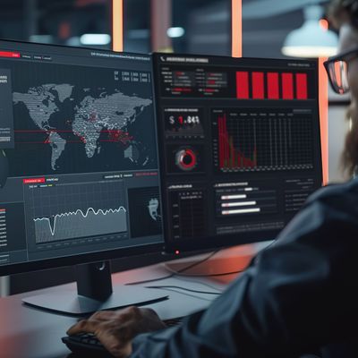 IT specialist monitoring a network on a screen with the CrowdStrike dashboard, highlighting real-time protection