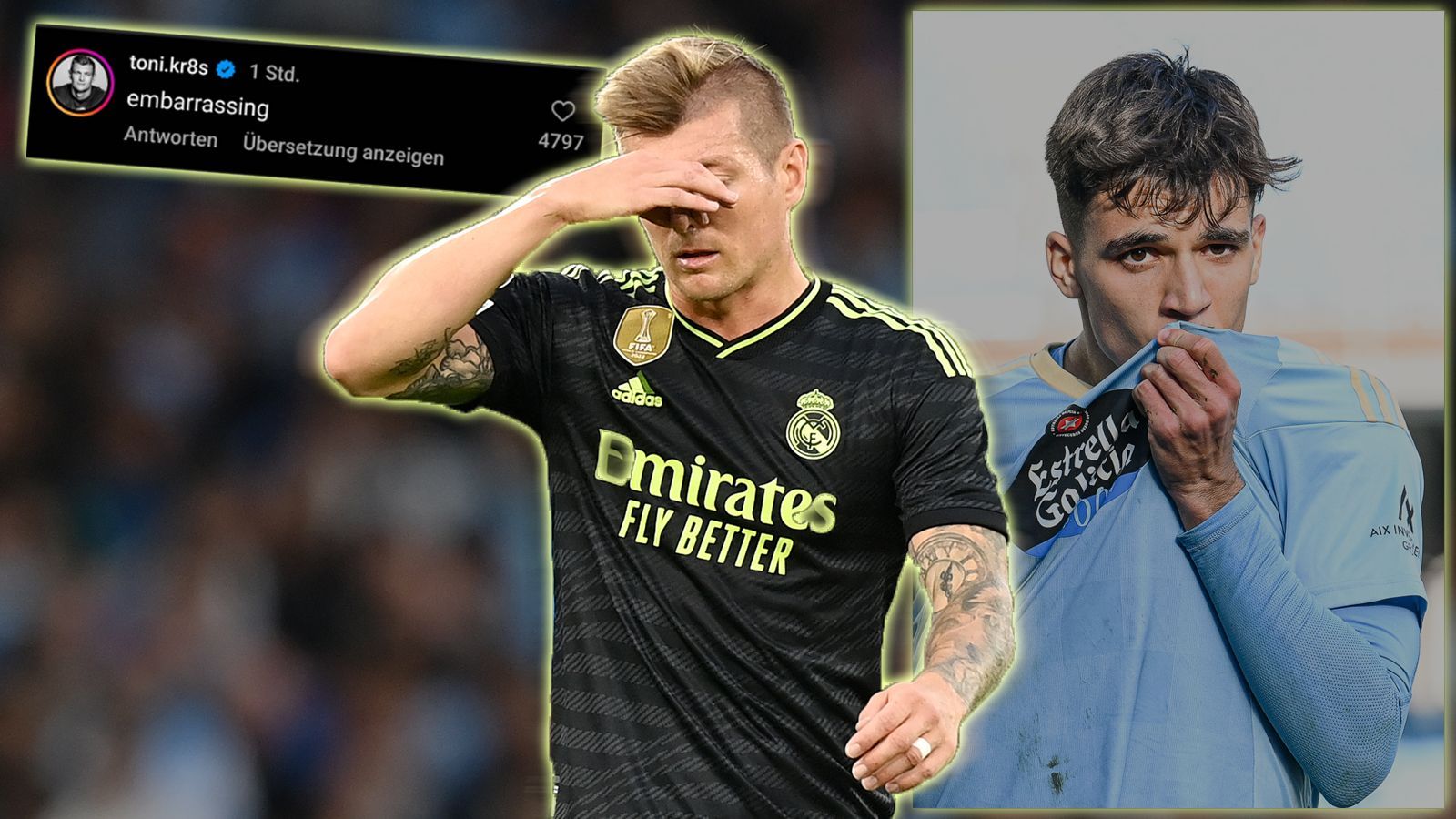 <strong>Toni Kroos findet Transfer "peinlich"</strong><br>"Embarassing" - auf Deutsch "Peinlich": so kommentierte Toni Kroos den Wechsel von Gabri Veiga nach Saudi-Arabien. Der 21-jährige Offensiv-Spieler zählt zu den größten Talenten Spaniens, nahezu alle Top-Vereine sollen an ihm interessiert gewesen sein. Doch Veiga zieht es zu Al-Ahli nach Saudi-Arabien. Der 33-jährige Deutsche hat seinen Kommentar mittlerweile gelöscht.