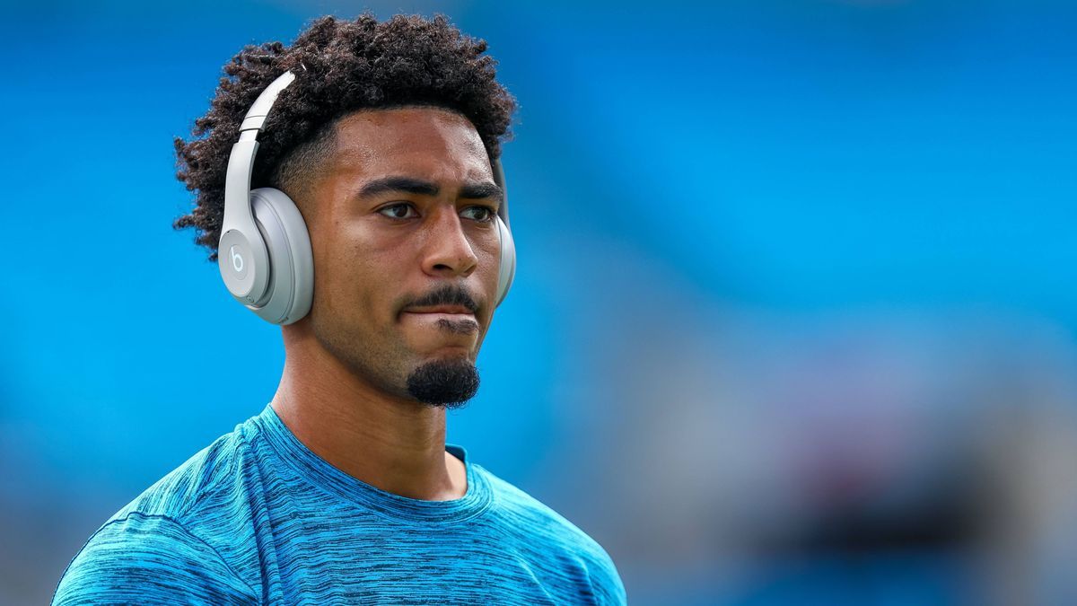 CHARLOTTE, NC - SEPTEMBER 15: Bryce Young 9 of the Carolina Panthers warms up before a football game against the Los Angeles Chargers at Bank of America Stadium on September 15, 2024 in Charlotte, ...