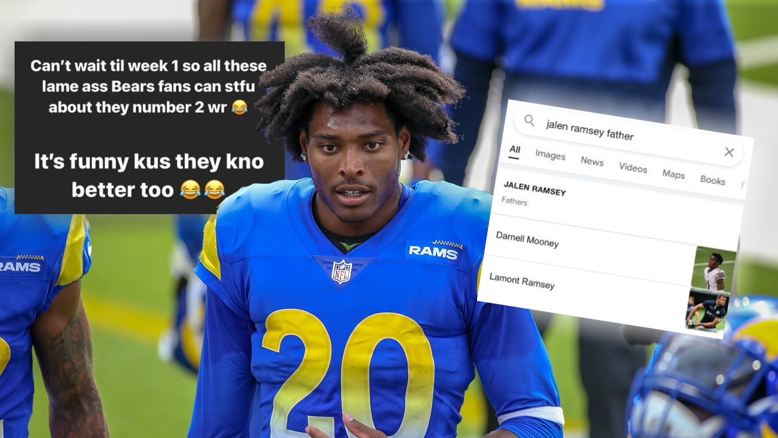 
                <strong>Ramsey vs. Bears-Fans: Internet-Beef vor Duell am 1. Spieltag</strong><br>
                Jalen Ramsey freut sich auf die neue NFL-Saison - und jetzt noch viel mehr. Der Cornerback der Los Angeles Rams hat sich auf den Sozialen Netzwerken mit den Fans der Chicago Bears angelegt. Zwischenzeitlich wurde sogar der Wikipedia-Eintrag von Bears-Receiver Darnell Mooney geändert. Ramsey kontert deutlich. Am 1. Spieltag gibt es das direkte Duell. 
              