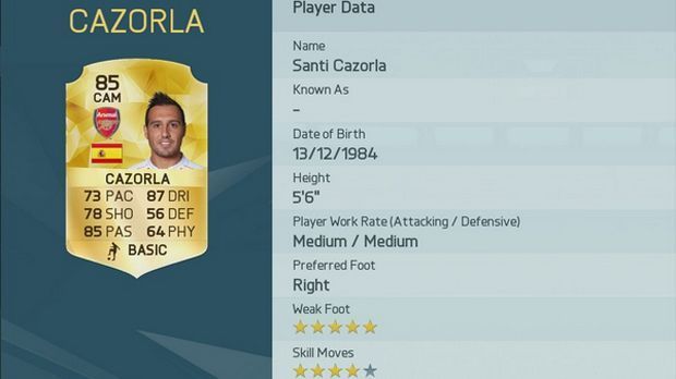 
                <strong>Santi Cazorla</strong><br>
                Spielerwert: 85 (+1) - Santi Cazorla. Vorheriger Gesamtwert: 84.
              