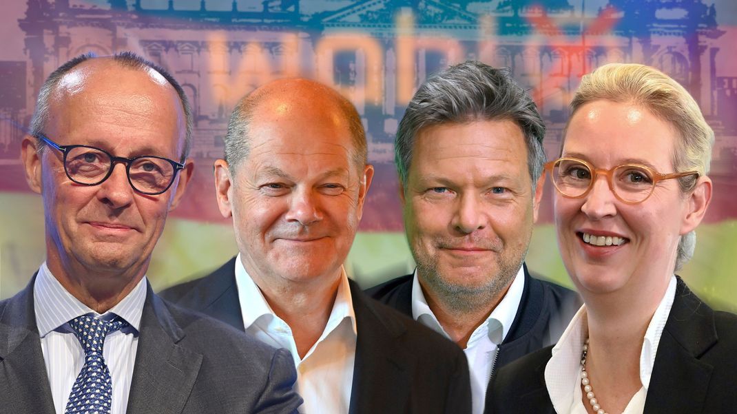 Die vier Spitzenkandidaten: Friedrich Merz (Union), Olaf Scholz (SPD), Robert Habeck (Grüne), Alice Weidel (AfD).