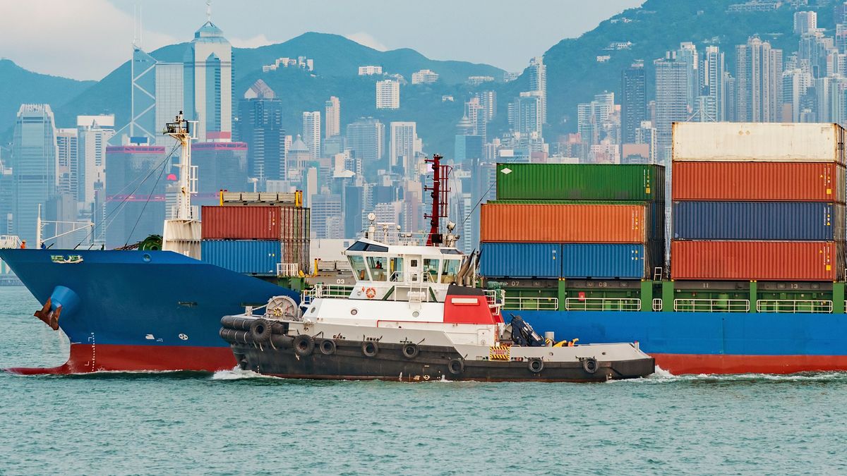 Cargo Schiffe im Hafen von Hongkong. Chinas Exporte erzielten gute Zahlen im Monat Juni