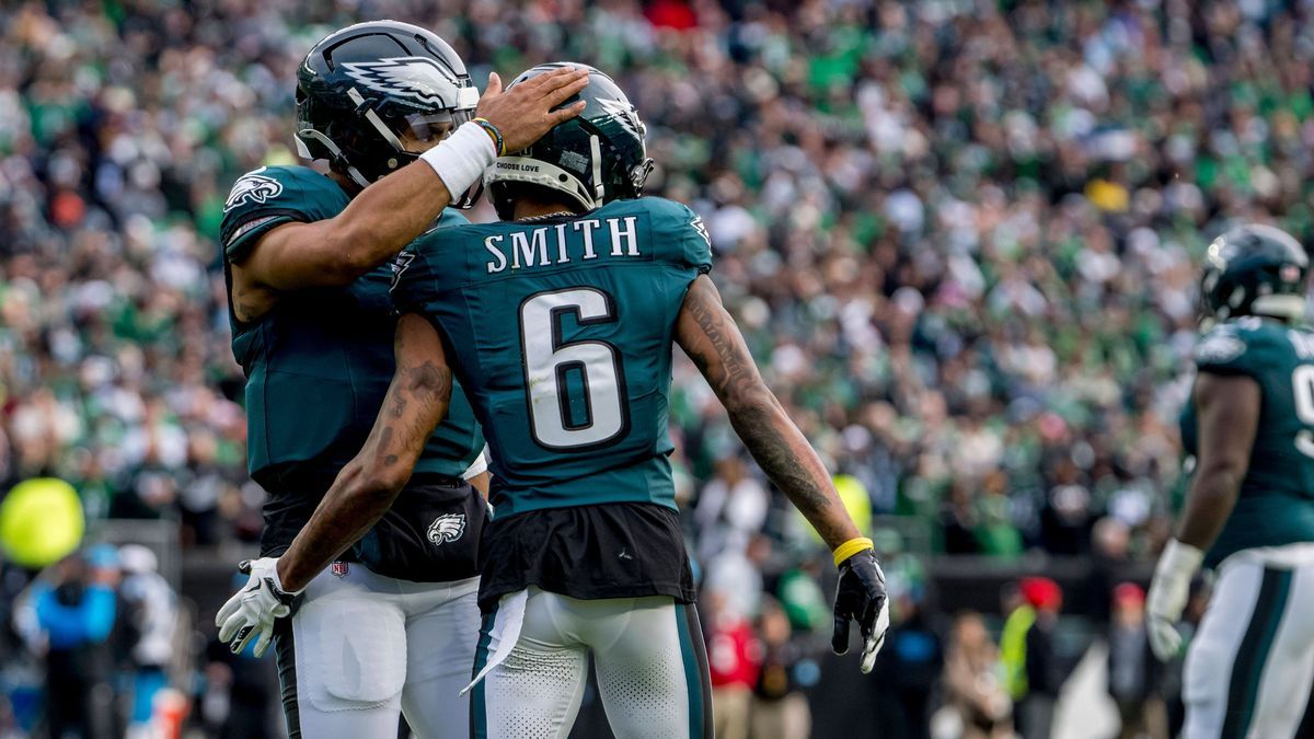 December 8, 2024, Philadelphia, Pa, USA: Philadelphia Eagles quarterback Jalen Hurts (1) congratulates wide receiver DeVonta Smith (6) after he caught a touchdown pass during the NFL, American Foot...