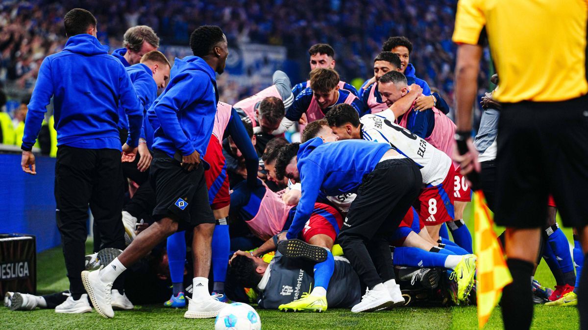 Torjubel Hamburger SV nach Tor zum 3:1 per Kopfball Davie Selke (Hamburger SV, 27) GER, Hamburger SV vs. SSV Ulm, Fussball, 2. Bundesliga, Spieltag 33, Saison 2024 2025, 10.05.2025 DFL REGULATIONS ...