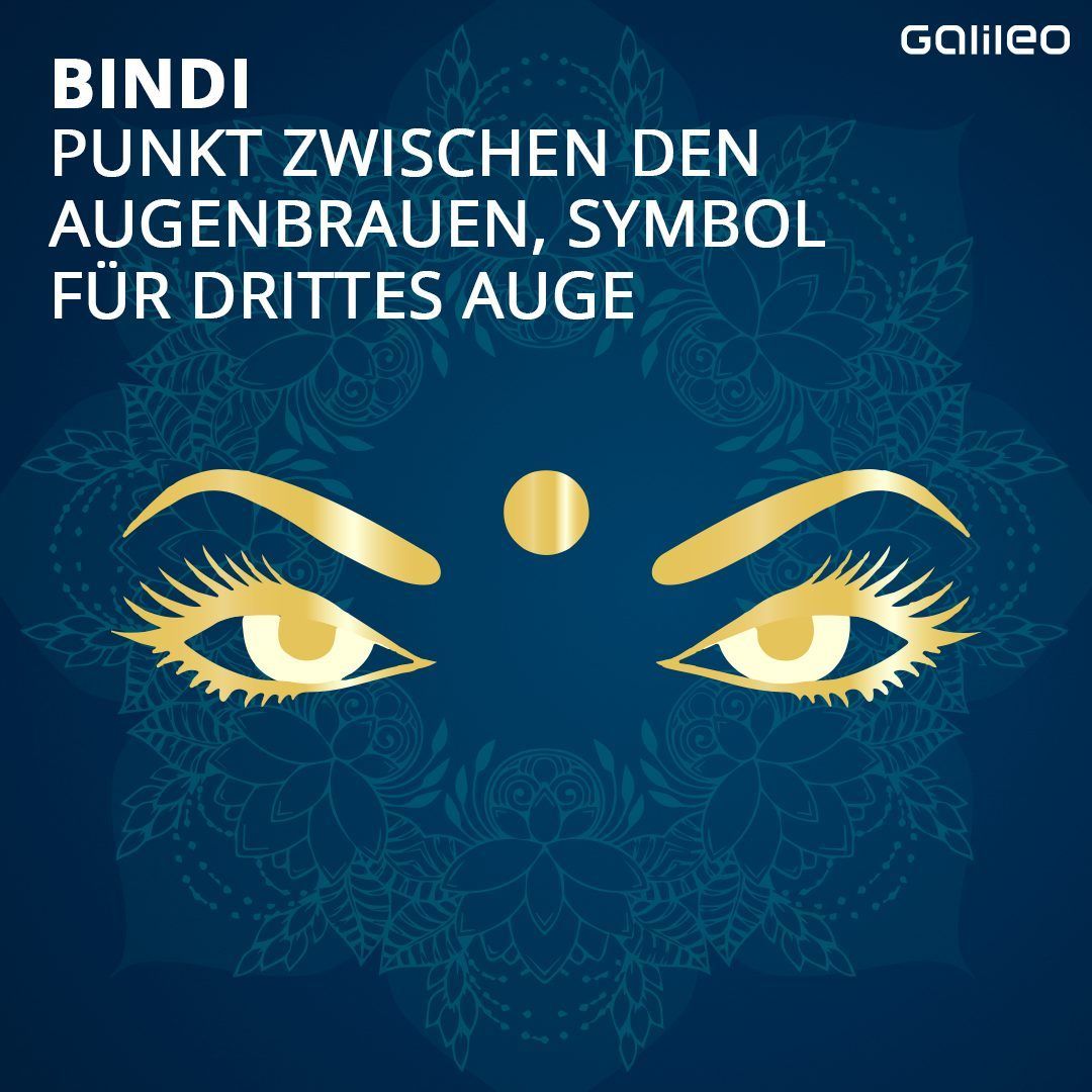 Das Bindi ist ein roter Punkt auf der Stirn. Er symbolisiert das dritte Auge, soll Glück bringen und ist traditionell das Zeichen der verheirateten Frauen. Heute tragen ihn auch unverheiratete Frauen und sogar Kinder.