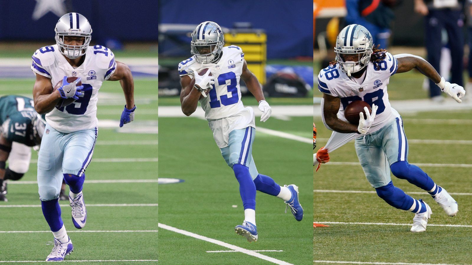 
                <strong>Platz 3: Dallas Cowboys</strong><br>
                Auch in der kommenden Saison wird es wenige Mannschaften geben, die vom offensiven Talent her über den Dallas Cowboys stehen. Mit Amari Cooper (l.), CeeDee Lamb (m.) und Michael Gallup (r.) haben die "Boys" ein Receiver-Trio in ihren Reihen, das in der NFL seinesgleichen sucht. Man kann sich nur ausmalen, welche Zahlen die drei in der vergangenen Saison aufgelegt hätten, wenn sich Franchise-Quarterback Dak Prescott nicht nach vier Spieltagen die schwere Verletzung zugezogen hätte. Besonders Lamb könnte in der kommenden Spielzeit nochmal einen Sprung nach vorne machen und die Nummer-Eins-Rolle von Cooper übernehmen. Auch Tight End Blake Jarwin verletzte sich zu Saisonbeginn schwer und komplettiert als zuverlässige Anspielstation ein herausragendes Receiving Corps. 
              