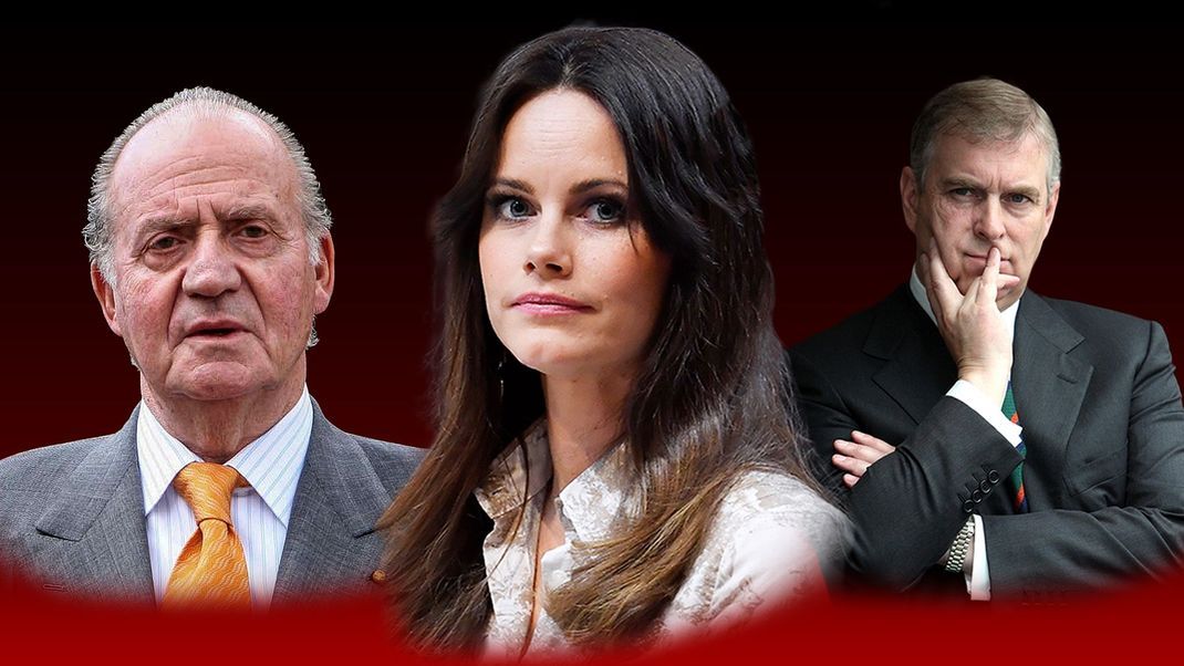 Die dunkle Seite der Royals: Juan Carlos I., Prinzessin Sofia von Schweden und Prinz Andrew (v.l.n.r.)