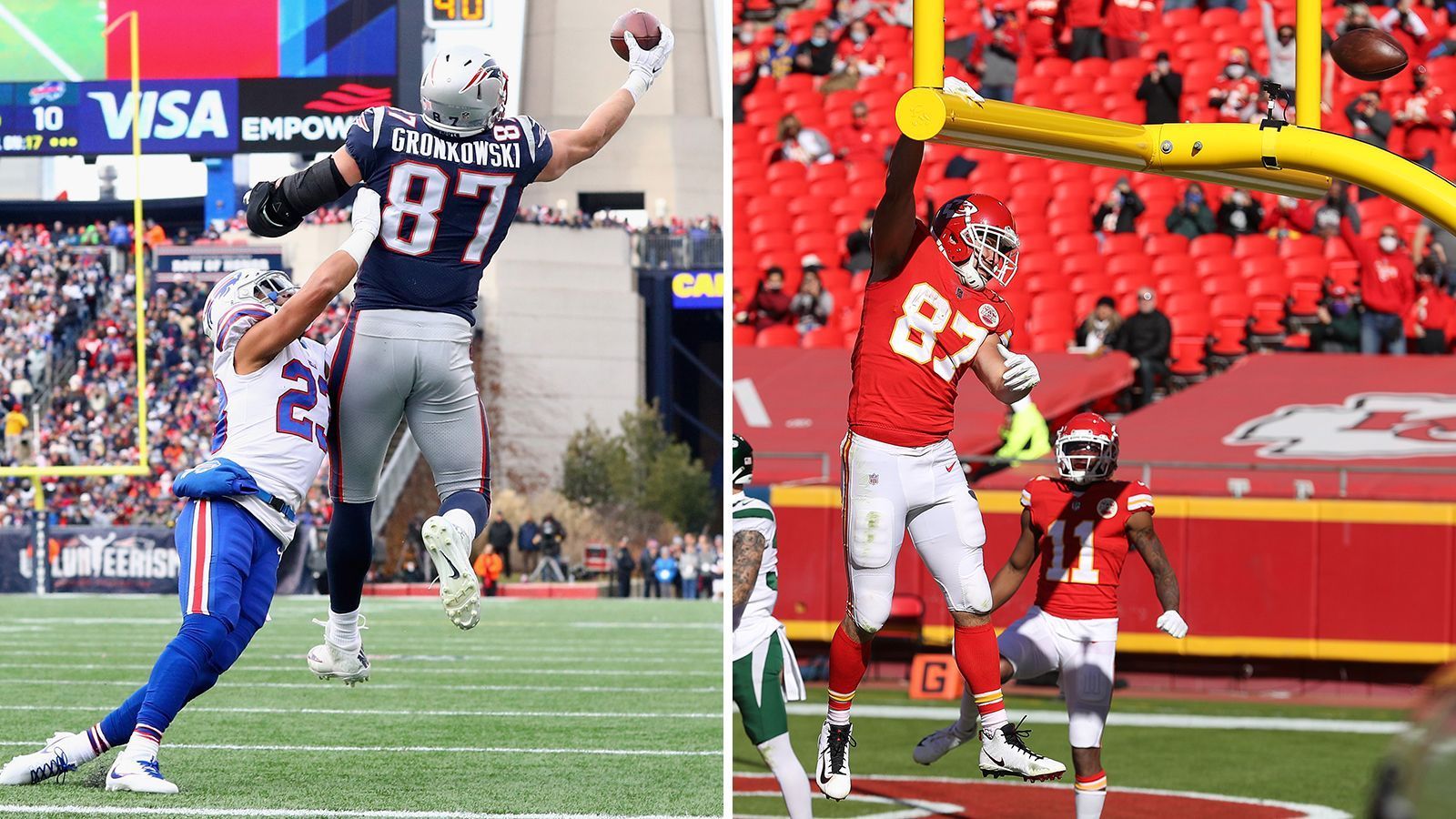 
                <strong>Rekorde: Kelce durchbricht Saison-Bestmarke von Gronkowski</strong><br>
                Beim Sieg gegen die Buffalo Bills im Championship Game der AFC gelangen Kelce 13 Catches (bei 15 Versuchen) und damit die meisten, die ein Spieler in einem Championship Game bis jetzt gefangen hat. Außerdem stieg die Zahl der Receiving Yards bei Kelce auf insgesamt 1.643 Yards in dieser Saison (Regular Season und Playoffs). Bisher hielt Gronkowksi diesen Rekord mit 1.585 Yards in der Saison 2011 mit den Patriots. Dafür hält "Gronk" mit seinen 17 Touchdown-Catches aus dem gleichen Jahr den Rekord. Kelce hat in dieser Spielzeit mit den 1.416 Yards aus der Regular Season bereits die Bestmarke für eine Saison ohne Playoffs aufgestellt.
              