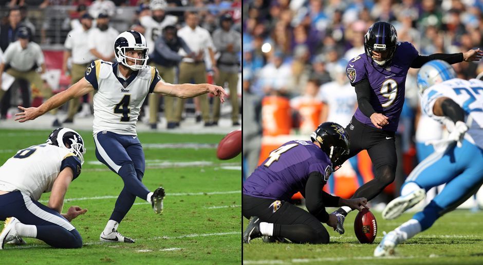 
                <strong>Special Teams und Kicker: Los Angeles Rams/ Baltimore Ravens</strong><br>
                Auf dieser Position waren zwei Teams gleich stark. Rams-Kicker Greg Zuerlein verschoss gegen die Cardinals zwar einen Extra-Punkt, traf aber zwei weitere und verwandelte vier Field-Goals - eins davon aus 56 Yards. Eine makellose Bilanz wies sein Pendant bei den Ravens, Justin Tucker, auf. Drei verwandelte Field-Goals und fünf erzielte Extra-Punkte standen für ihn gegen die Lions zu Buche.Gesamtpunktzahl: 16
              