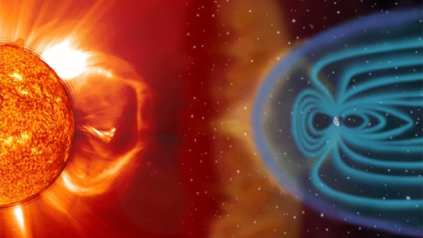 Im Inneren der Erde schlummert ein riesiger Eisenkern. Wie ein Dynamo erzeugt er ein Magnetfeld, das die Erde vor geladenen Teilchenstrahlung von der Sonne und aus dem  Weltraum schützt.