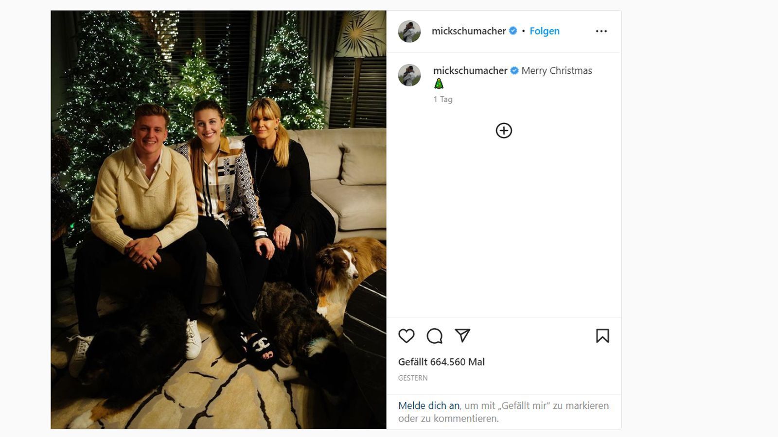 
                <strong>Mick Schumacher (Formel-1-Pilot, Mercedes)</strong><br>
                Mick Schumacher lässt seine Fans zum Fest der Liebe einen selten Familieneinblick zuteil werden: Zusammen mit seiner Schwester Gina und Mama Corinna wünscht der Formel-1-Pilot seinen Unterstützern aus dem heimischen Wohnzimmer "Frohe Weihnachten".
              