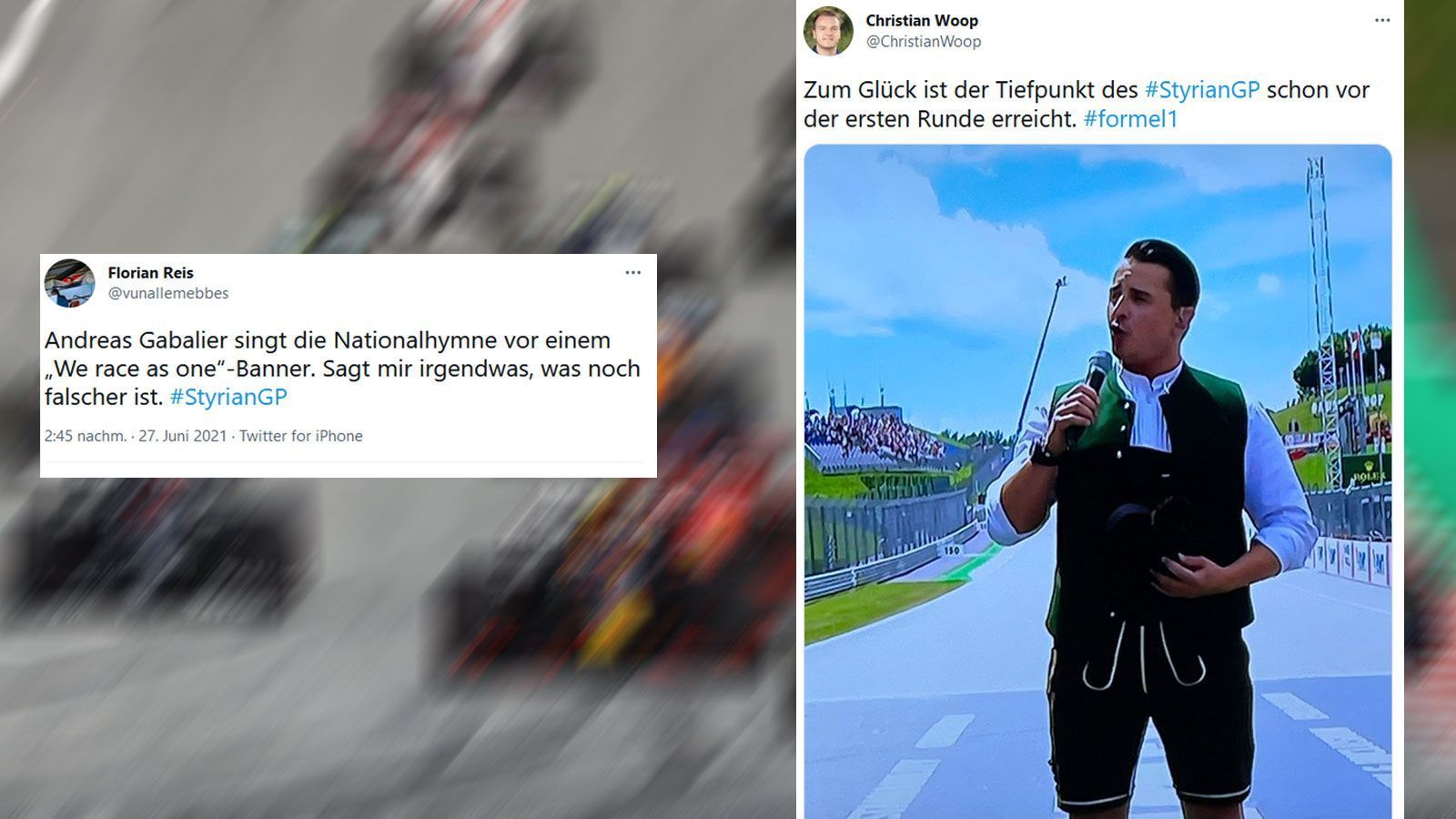 
                <strong>F1-Netzreaktionen: Gabaliers Gesangseinlage</strong><br>
                Das erste von zwei Formel-1-Rennen dieser Saison auf dem Red-Bull-Ring firmiert als Grand Prix der Steiermark. ran.de zeigt die Netzreaktionen zum achten WM-Lauf. Schon vor dem Startsignal kommen die TV-Zuschauer in Wallung - denn Andreas Gabalier ist nicht jedermanns Geschmack. Und seine Musik auch nicht.
              