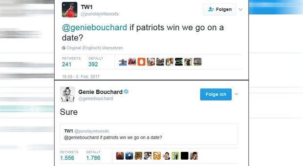 
                <strong>Gewinner: Bouchard-Fan</strong><br>
                Wie der Super Bowl am Ende ausgegangen ist, sollte mittlerweile bekannt sein. Bouchard rudert nach dem Krimi-Sieg der Patriots erst einmal zurück und gesteht ihre Niederlage ein: "Die Lehre aus dem Spiel: Wette nie gegen Tom Brady!" Ihre Wettschulden jedenfalls scheint Genie einlösen zu wollen. Denn: Nur kurze Zeit später erkundigt sie sich nach dem Wohnort des Users, den sie nun wohl zu einem der glücklichsten Männer der Welt macht ...
              