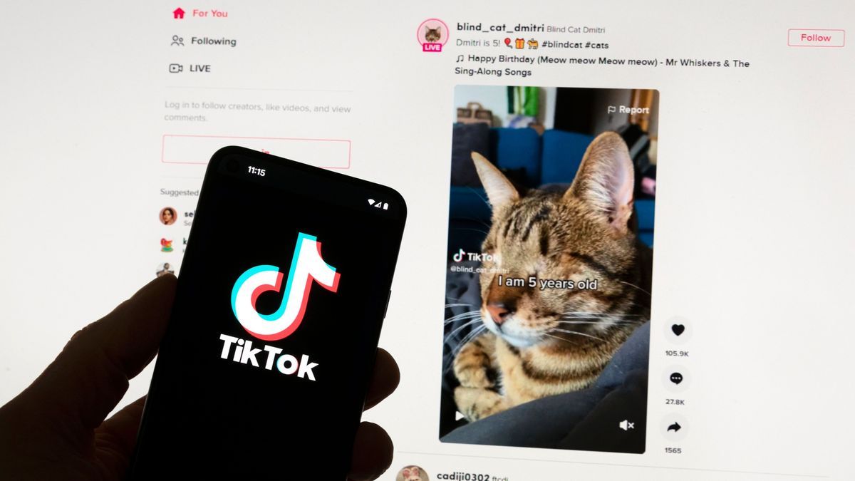 Das TikTok-Logo ist auf einem Mobiltelefon vor einem Computerbildschirm zu sehen, der den TikTok-Startbildschirm anzeigt.
