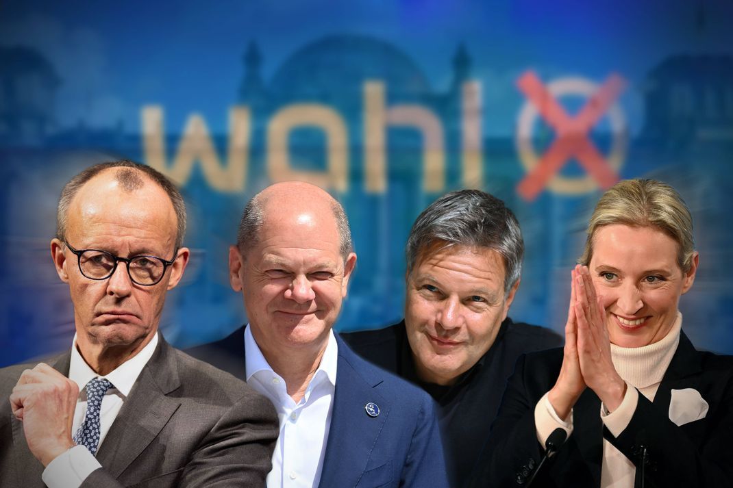 Die vier Spitzenkandidaten von Union, SPD, Grünen und AfD. Von links:&nbsp; Friedrich Merz, Olaf Scholz, Robert Habeck, Alice Weidel.